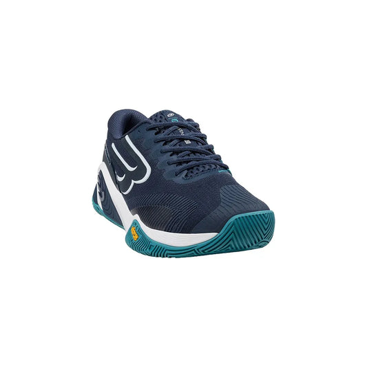 Front-angle view of navy Bullpadel Hack Vibram 26V padel shoe showing toe guard
