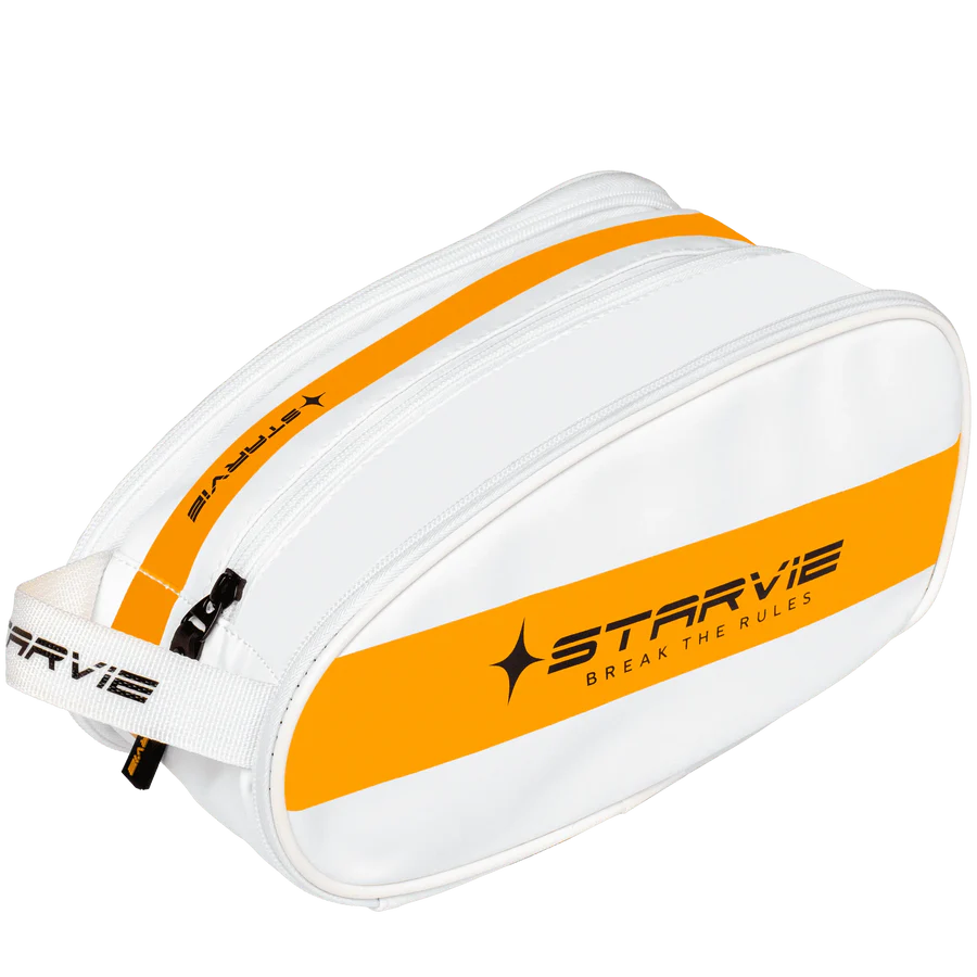 Top three-quarter view of white StarVie Skyline accessory bag with yellow stripe