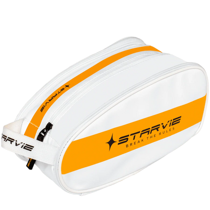 Top three-quarter view of white StarVie Skyline accessory bag with yellow stripe
