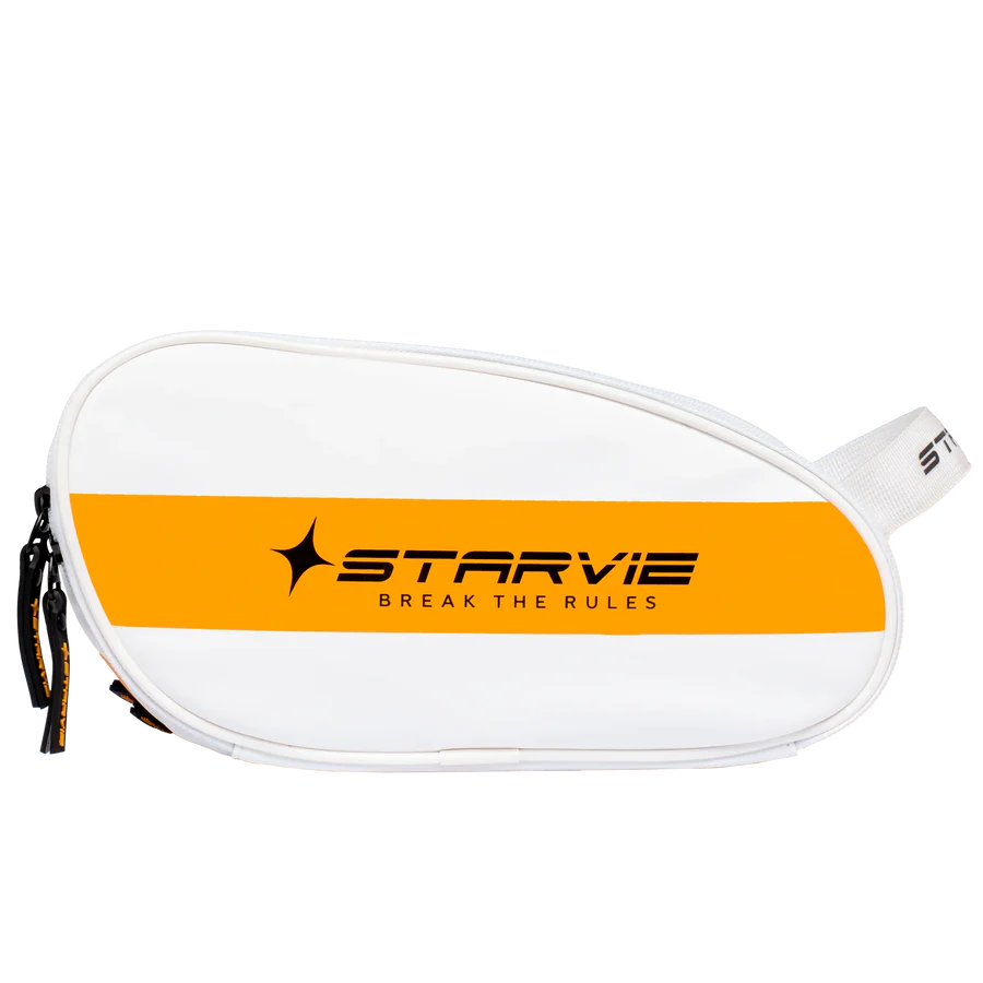 Side view of white StarVie Skyline accessory bag with yellow stripe and logo