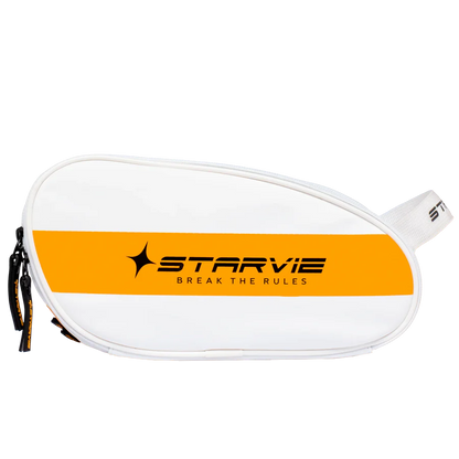 Side view of white StarVie Skyline accessory bag with yellow stripe and logo
