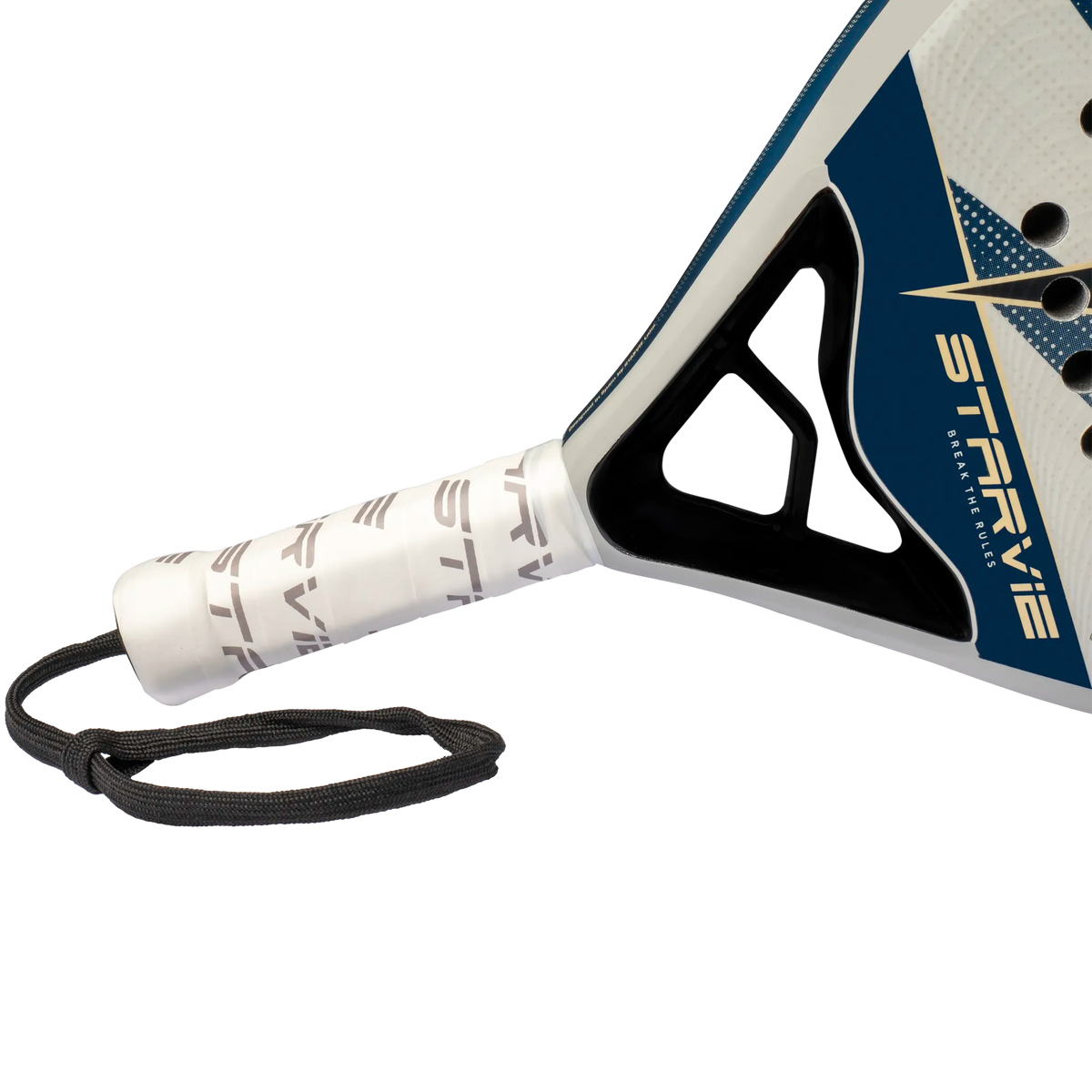 White grip handle and black wrist cord of Starvie Arkos padel racquet