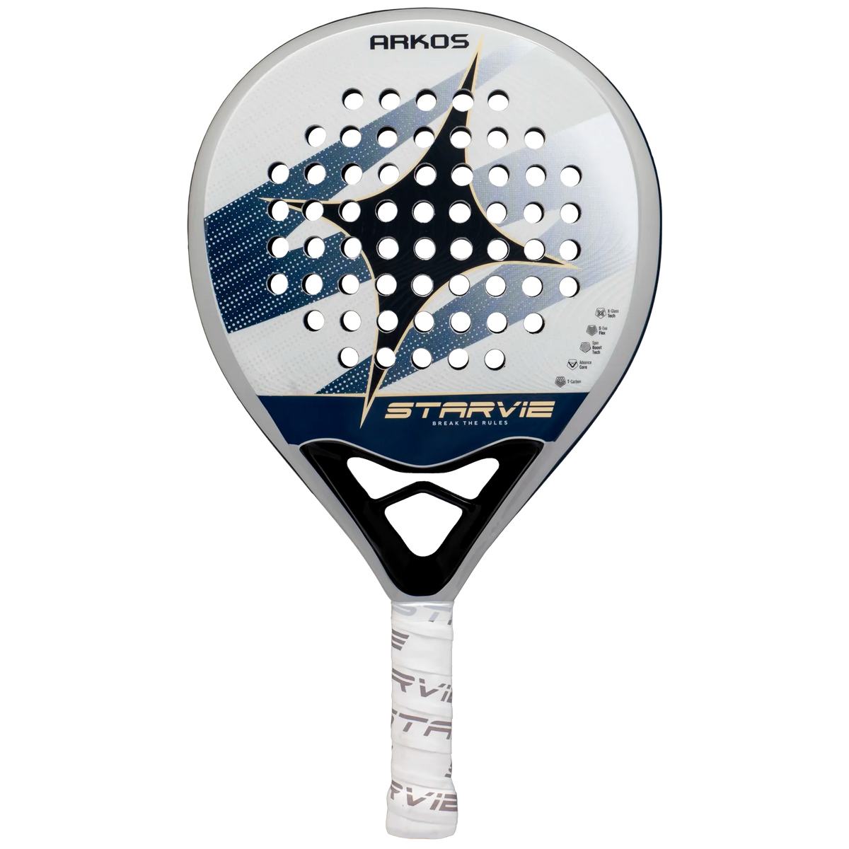 Front view of Starvie Arkos 2026 padel racket in white blue and gold