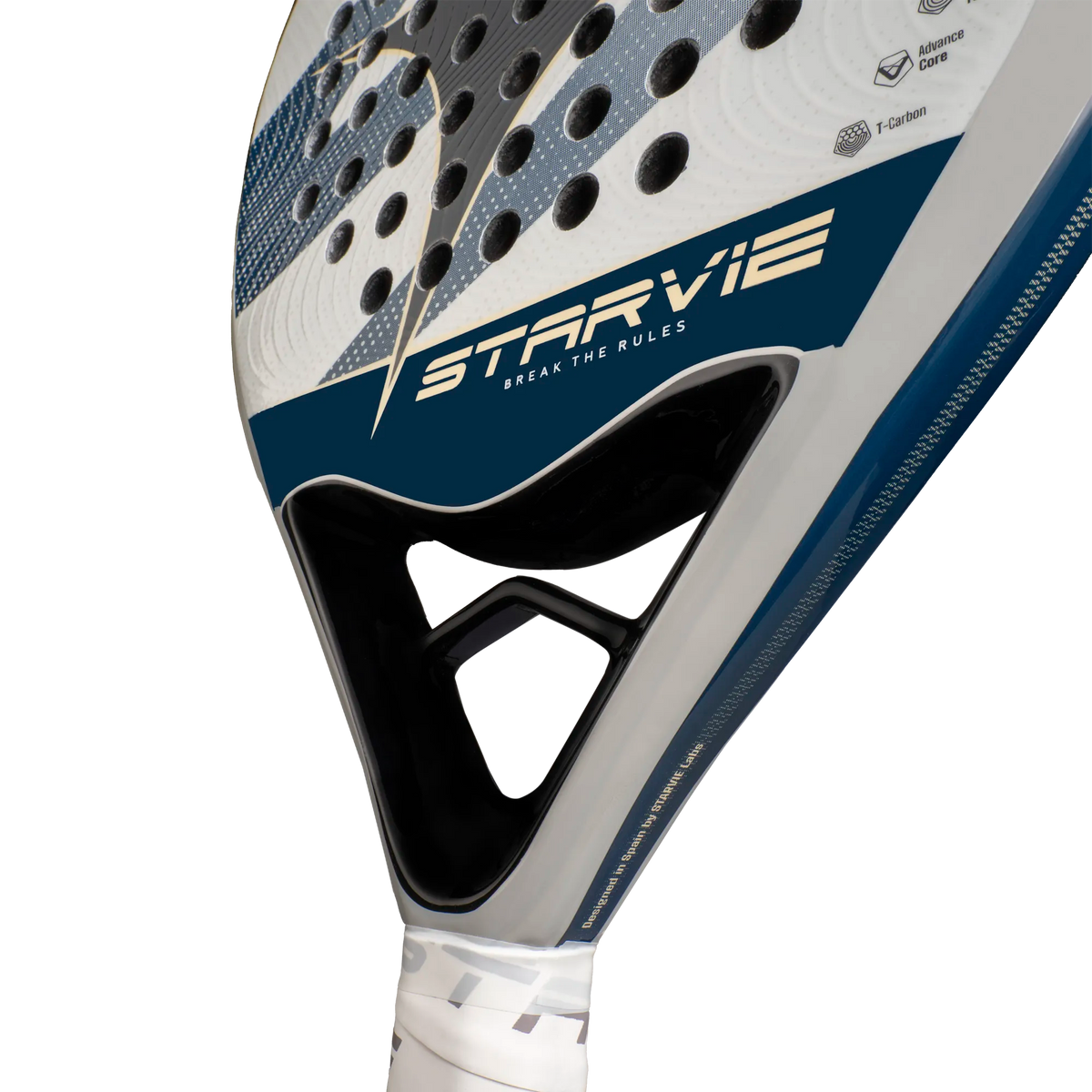 Close-up of open throat bridge and frame on white Starvie Arkos padel bat