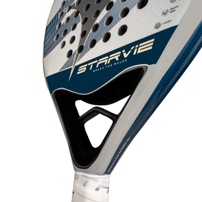 Close-up of open throat bridge and frame on white Starvie Arkos padel bat