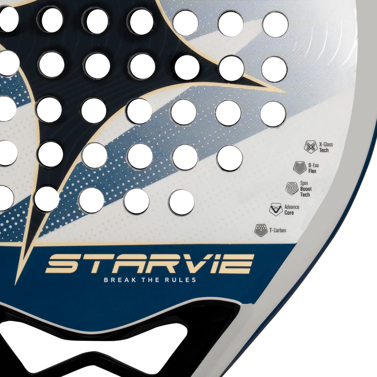 Close-up of hitting face detailing gold Starvie logo and perforations
