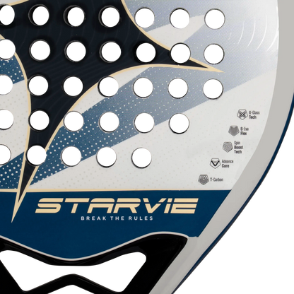 Close-up of hitting face detailing gold Starvie logo and perforations