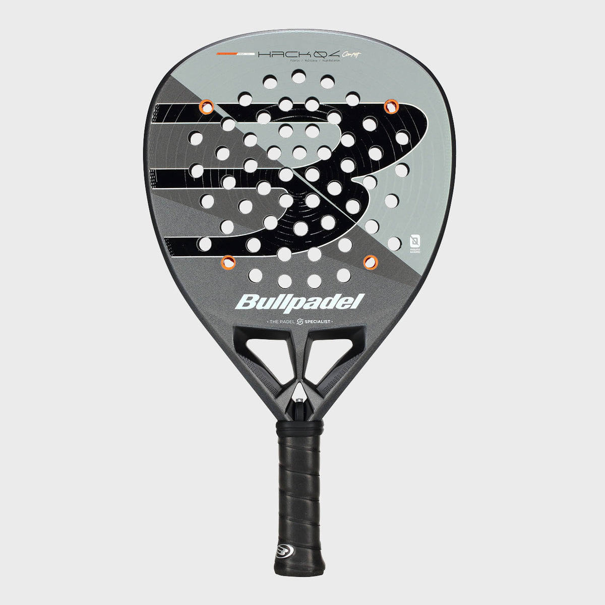 Front view of silver and black Bullpadel Hack 04 Comfort 26 racket with orange accents