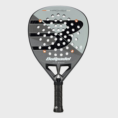 Front view of silver and black Bullpadel Hack 04 Comfort 26 racket with orange accents