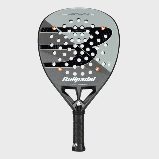 Front view of silver and black Bullpadel Hack 04 Comfort 26 racket with orange accents