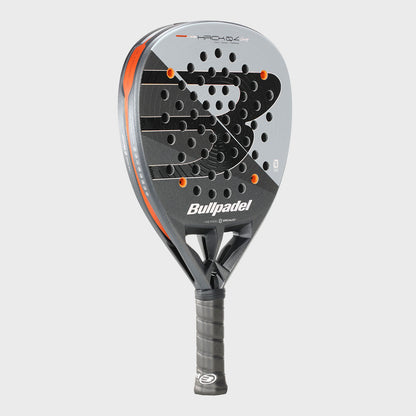 Three-quarter angle view of silver Bullpadel Hack 04 Comfort 26 padel racket