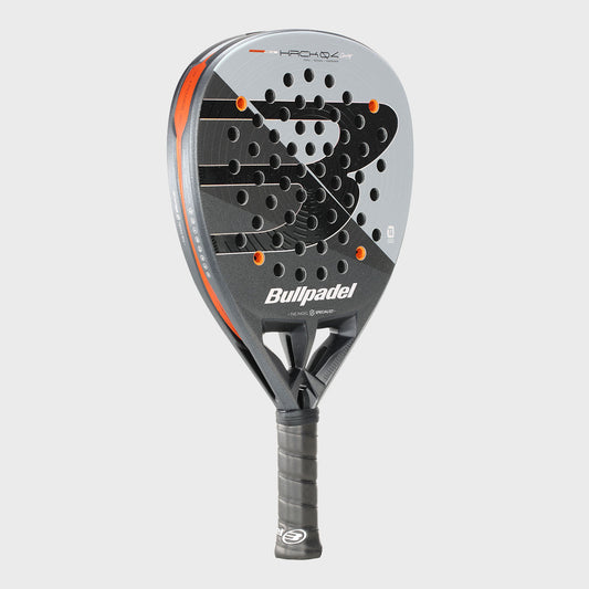 Three-quarter angle view of silver Bullpadel Hack 04 Comfort 26 padel racket