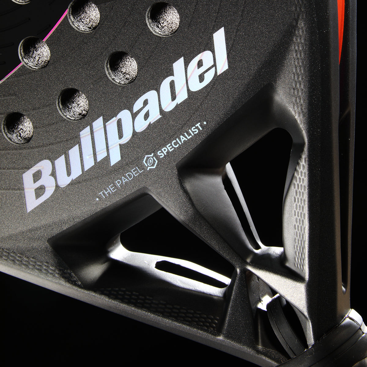 Close-up view of racket bridge and lower frame structure on Bullpadel Hack 04 Comfort 26 racket
