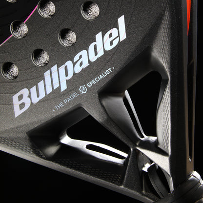 Close-up view of racket bridge and lower frame structure on Bullpadel Hack 04 Comfort 26 racket
